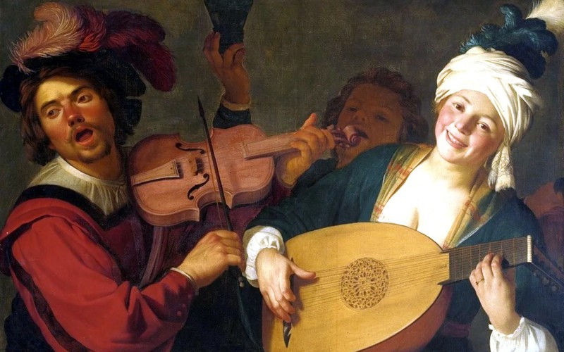 Gerrit van Honthorst. Весёлая группа за балюстрадой со скрипачом и лютнисткой (1623)