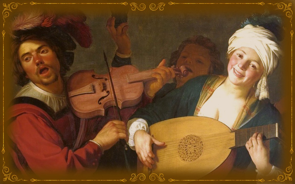 Gerrit van Honthorst (1592-1656). Весёлая группа за балюстрадой со скрипачом и лютнисткой, 1623