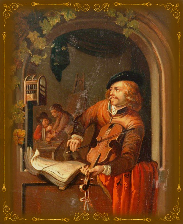 Gerrit Douw (1613-1675). Violin player in a window, 1653